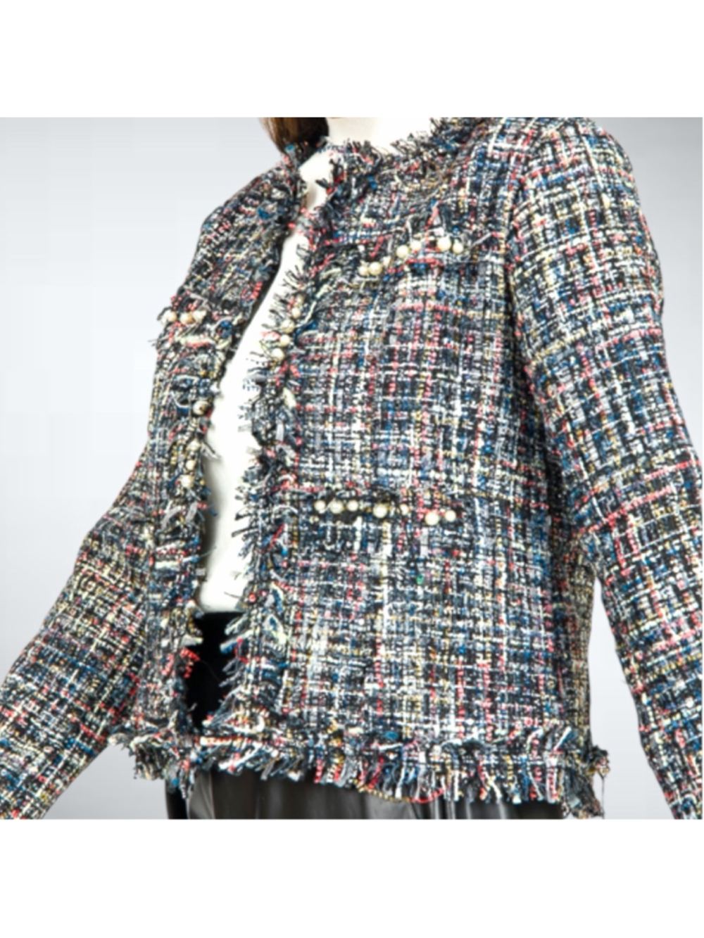 Easel Women's Pearl Embellished Tweed Blazer in Black Size S